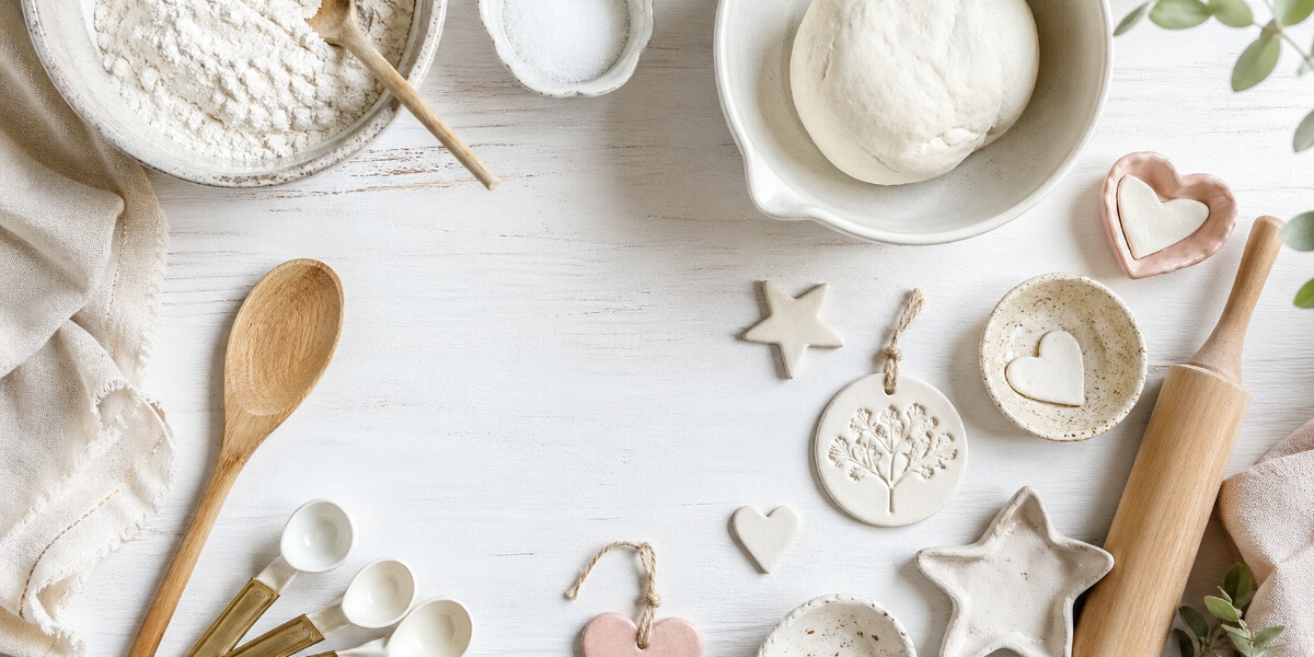Baking ingredients, dough, and utensils are arranged on a white surface alongside handmade clay ornaments in heart and star shapes.