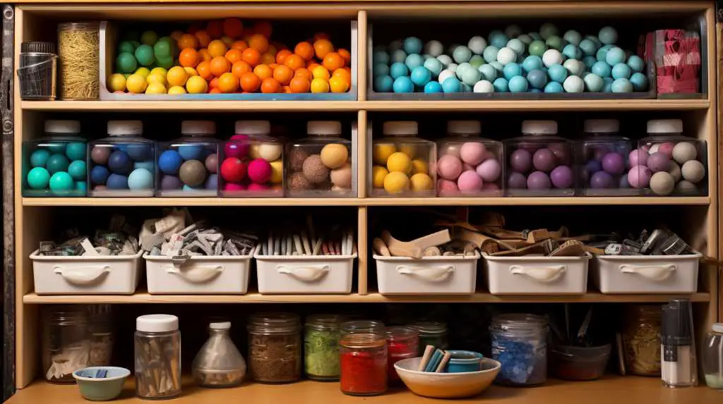 A shelf with a lot of different colored eggs.