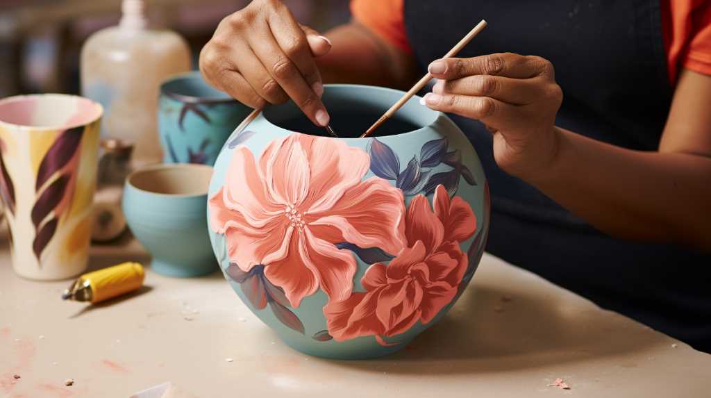 A woman is painting a vase with flowers on it.