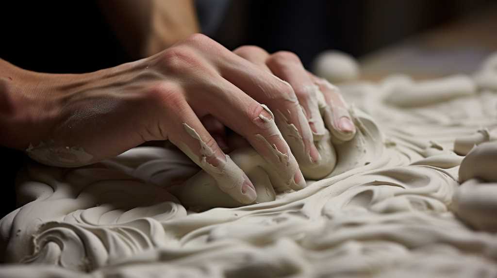 A person's hand is making a white clay sculpture.